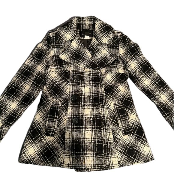 Moda International Women Small Wool Blend Double Breasted Plaid Pea Coat - Picture 1 of 8